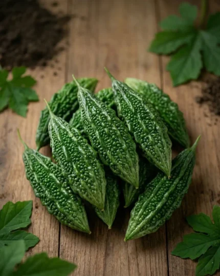 Fresh bitter gourd (karela) with natural ridged texture and water droplets on a rustic wooden surface with green leaves The Deep Soil