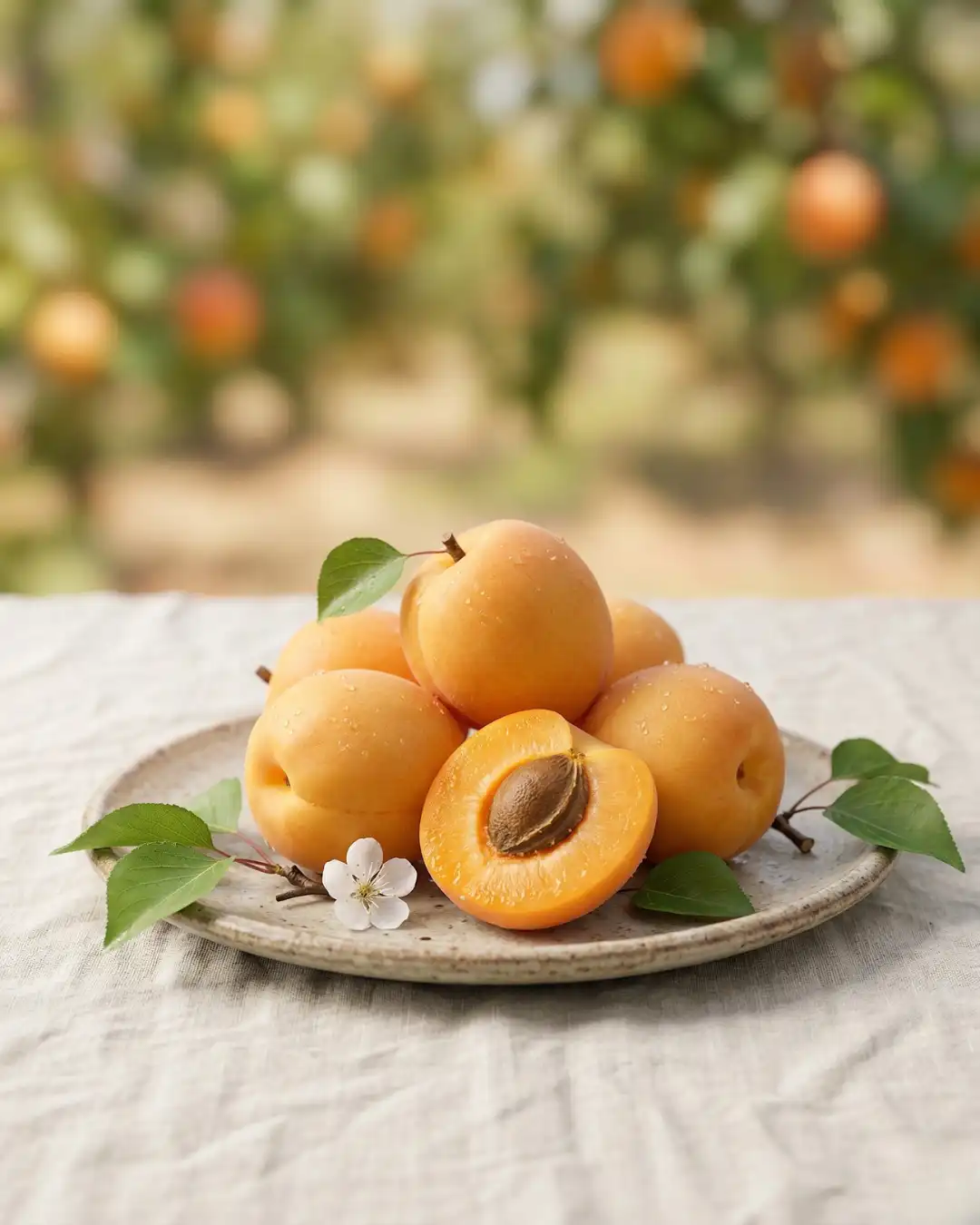 Premium Fresh Apricots by The Deep Soil A rustic plate of fresh apricots harvested from The Deep Soil orchard, featuring a ripe fruit cut open to show the pit.