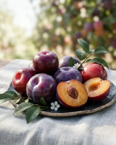 Fresh organic red plums on a plate with one sliced open to show the pit