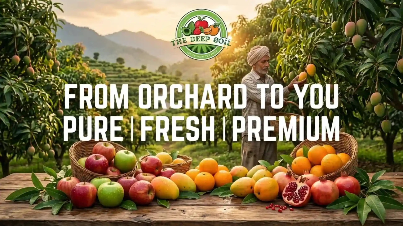 A farmer harvesting premium fresh fruits online from The Deep Soil orchards including apples, mangoes, and pomegranates.