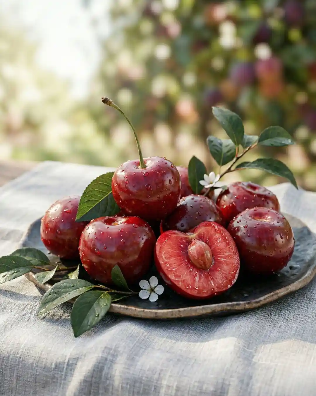 Premium Fresh Cherries by The Deep Soil - Buy Online India A rustic plate of fresh cherries from The Deep Soil, featuring water droplets, leaves, and a cherry cut open to show the pit. Perfect quality when you buy fresh cherries online in India.