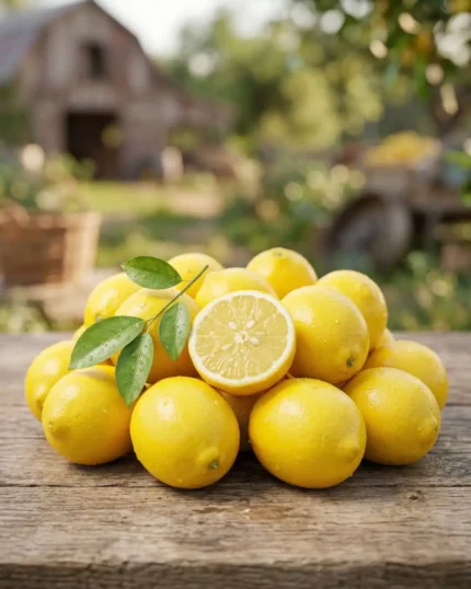 Premium fresh lemons from The Deep Soil on a rustic wooden table, featuring a halved lemon to show the juicy pulp and segments. Buy fresh lemon online India.
