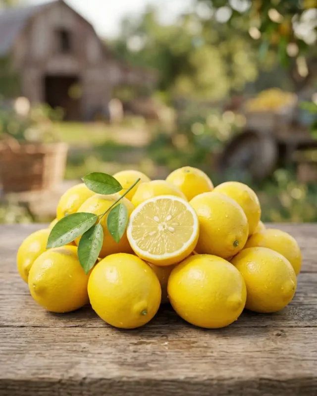Premium fresh lemons from The Deep Soil on a rustic wooden table, featuring a halved lemon to show the juicy pulp and segments. Buy fresh lemon online India.