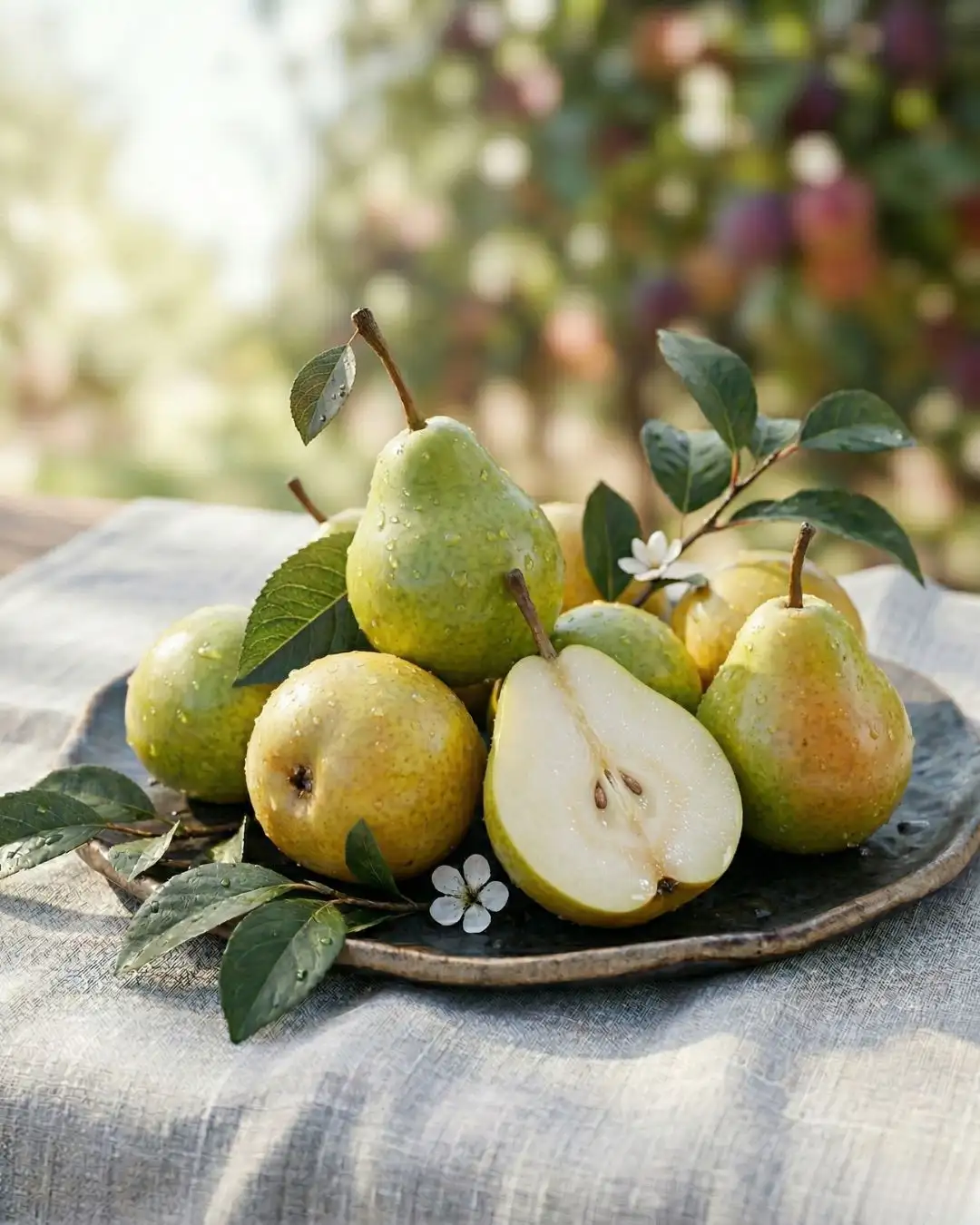 Fresh Organic Pears - The Deep Soil India Premium green pears from The Deep Soil on a rustic plate, featuring a sliced pear to show the juicy interior. Buy fresh pears online India.