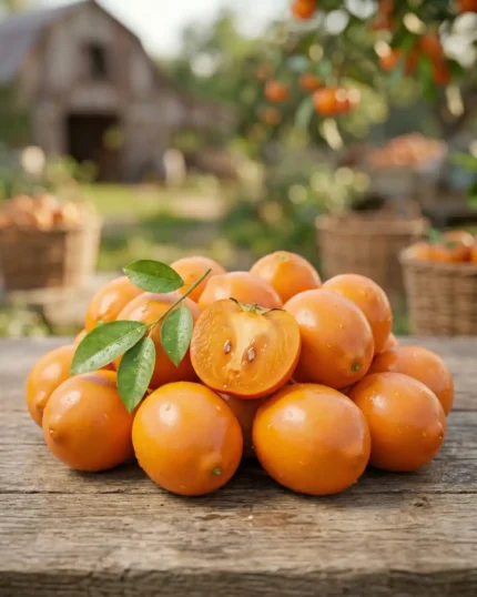 A pile of ripe orange persimmons from The Deep Soil on a wooden table, featuring a sliced fruit showing the jelly-like interior. Buy fresh persimmon online India.