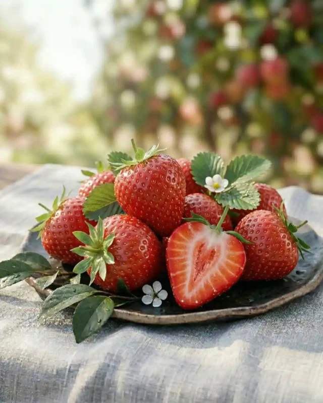 Fresh, vibrant red strawberries from The Deep Soil on a rustic plate, featuring a sliced strawberry to show the juicy heart. Buy fresh strawberries online India.