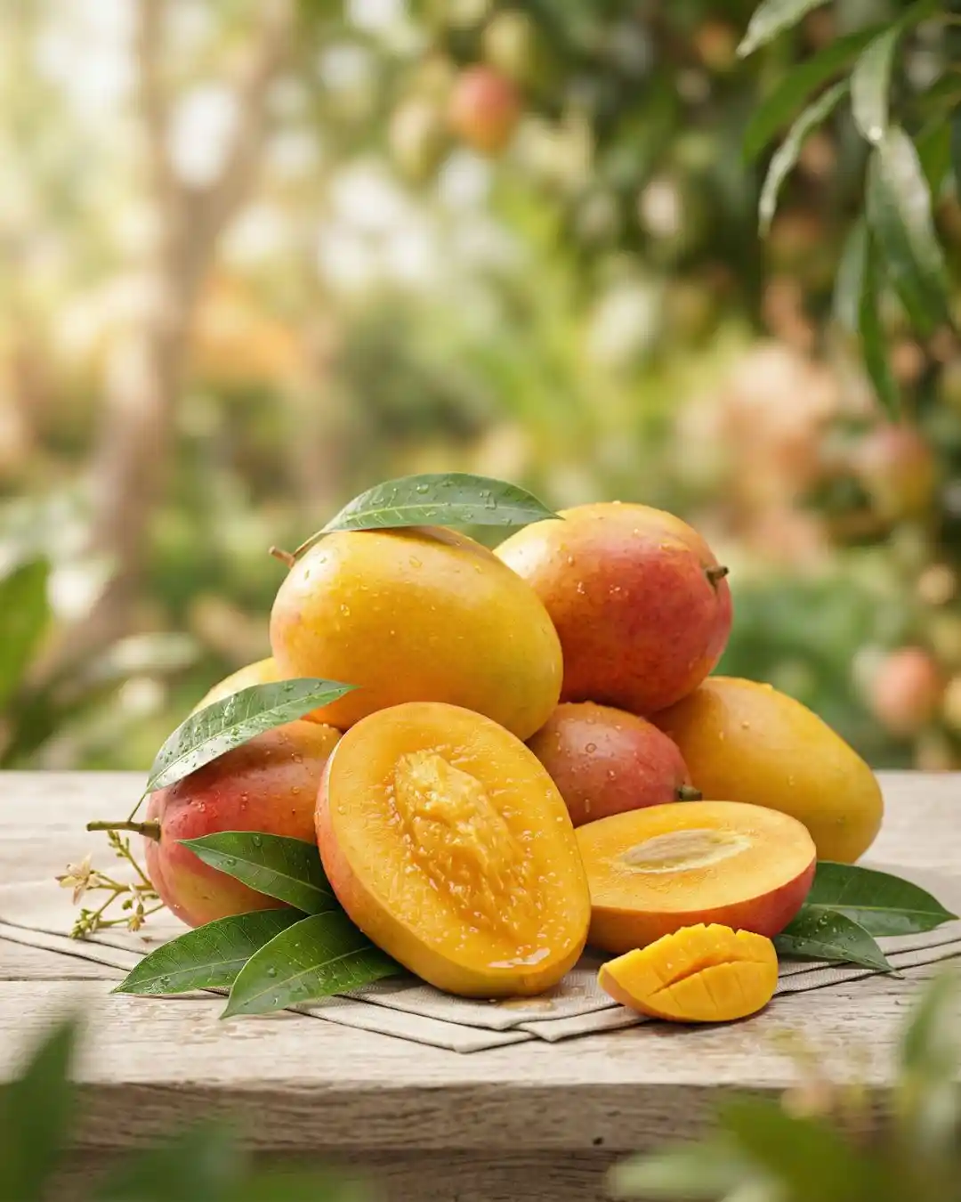 Fresh Premium Mango - The Deep Soil A bowl of fresh ripe mango from The Deep Soil on a wooden table, featuring water droplets and green leaves. High-quality sweet Mango.