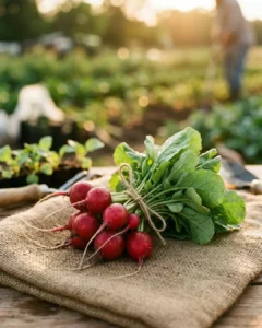 A fresh bunch of vibrant red market radishes with healthy green tops, tied with twine and resting on a rustic burlap sack on a wooden table, grown by The Deep Soil.