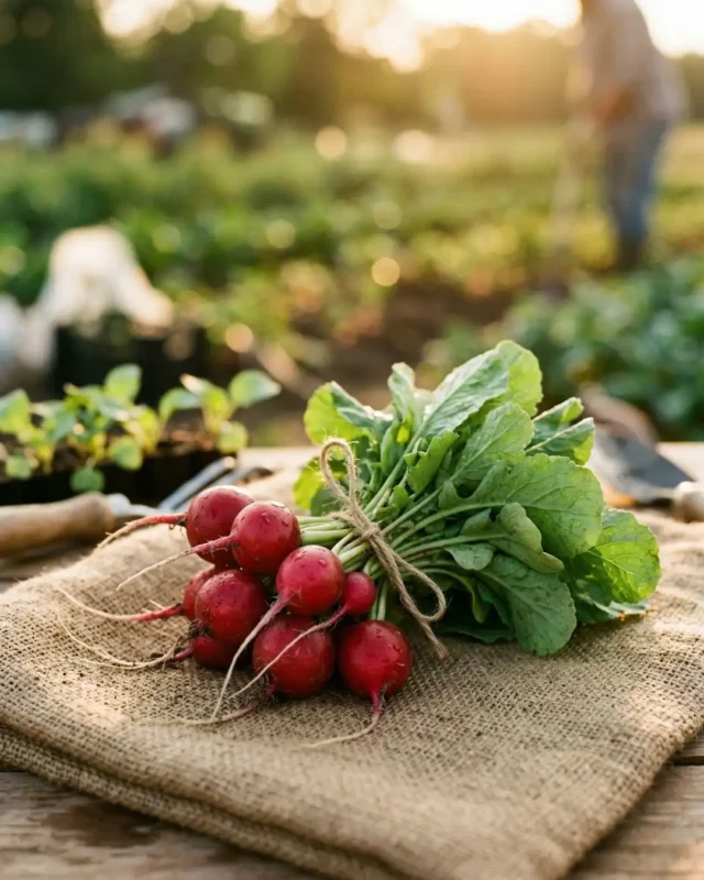A fresh bunch of vibrant red market radishes with healthy green tops, tied with twine and resting on a rustic burlap sack on a wooden table, grown by The Deep Soil.