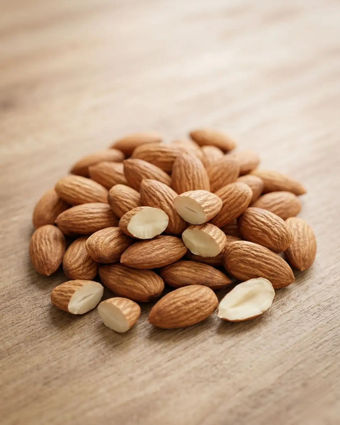 Premium California Almonds - The Deep Soil A pile of premium whole almonds from The Deep Soil on a wooden surface, with several almonds split open to show the crisp white interior. High-quality Almonds.