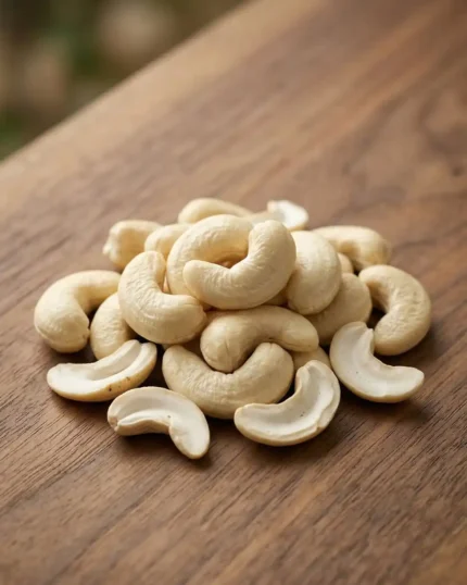 A bowl of premium large cashews from The Deep Soil on a wooden table, featuring water droplets and green leaves. High-quality smooth Cashews.
