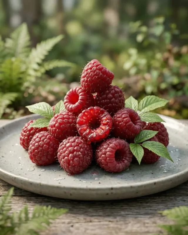 A stack of fresh wild raspberries from The Deep Soil on a ceramic plate, featuring water droplets and green leaves. Premium quality raspberry.
