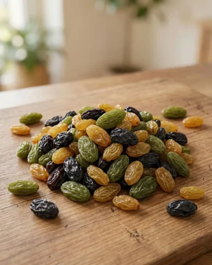 A pile of premium mixed raisins from The Deep Soil on a wooden board, featuring green, black, and golden varieties. High-quality Raisins.