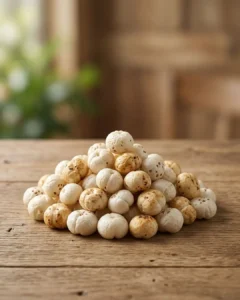 A bowl of premium popped makhana from The Deep Soil on a wooden table, featuring green leaves and spices. High-quality smooth Makhana.