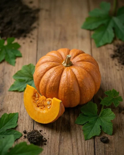 A fresh whole pumpkin and a vibrant orange slice (kaddu) from The Deep Soil, featuring natural textures and water droplets on a rustic wooden background.
