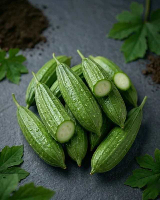 A high-angle close-up of fresh, dew-kissed Ridge Gourd (Turai) with visible cut cross-sections on a dark slate background, surrounded by soil and leaves by The Deep Soil.